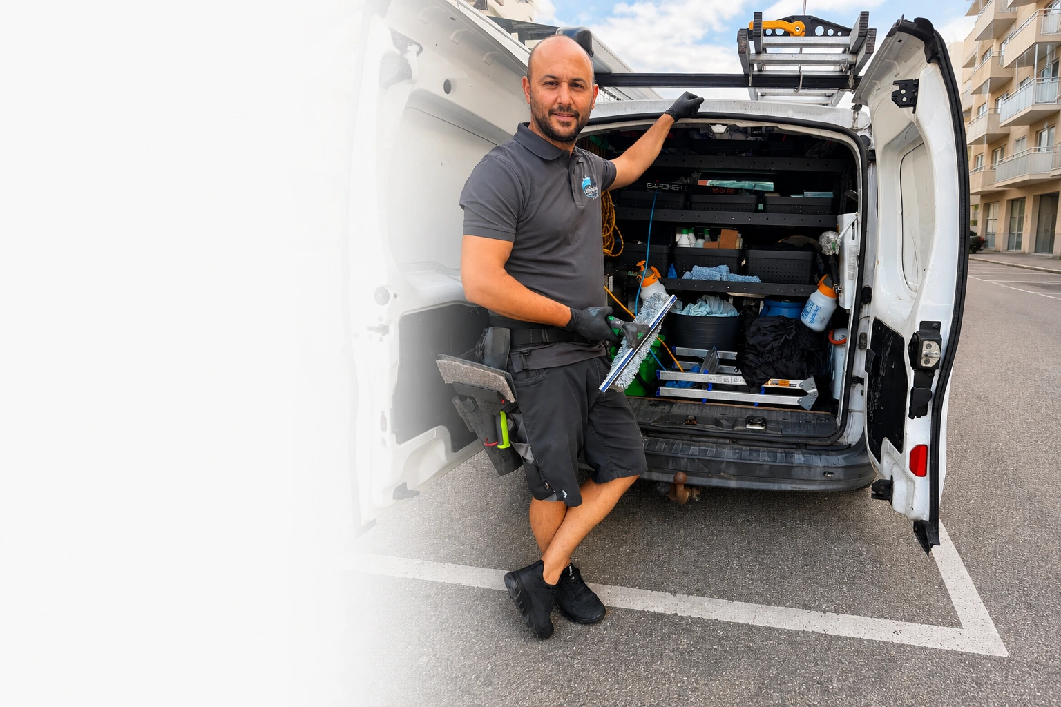 Bo Polering ved firmabilen med professionelt udstyr til vinduespolering