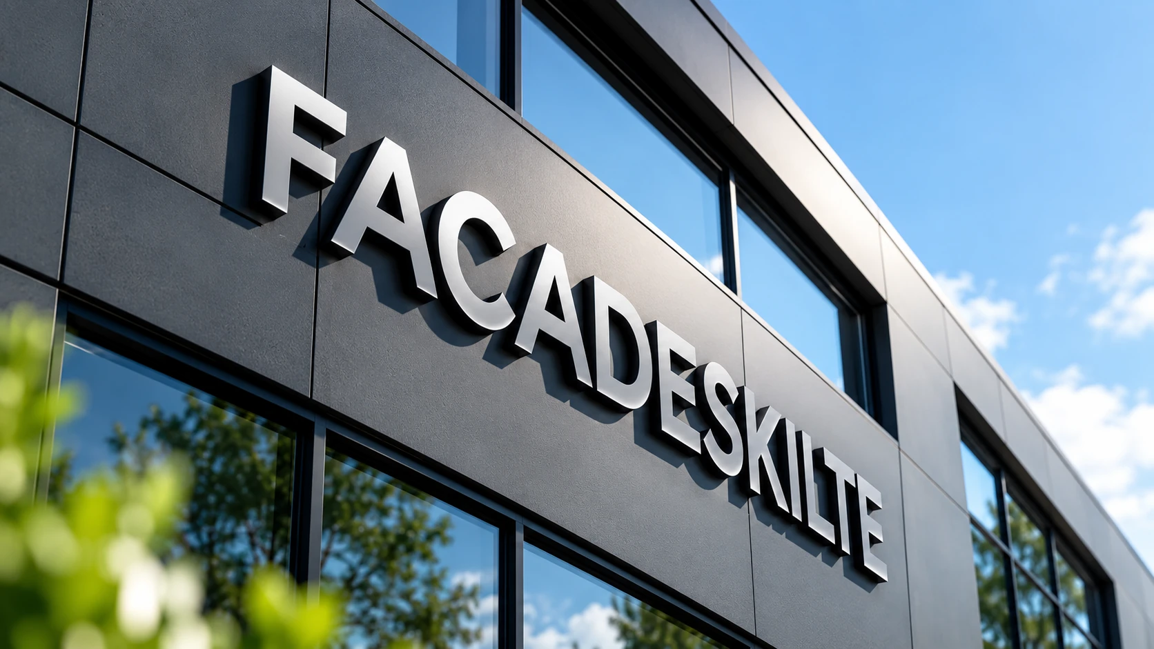 Facadeskilt på en moderne erhvervsbygning