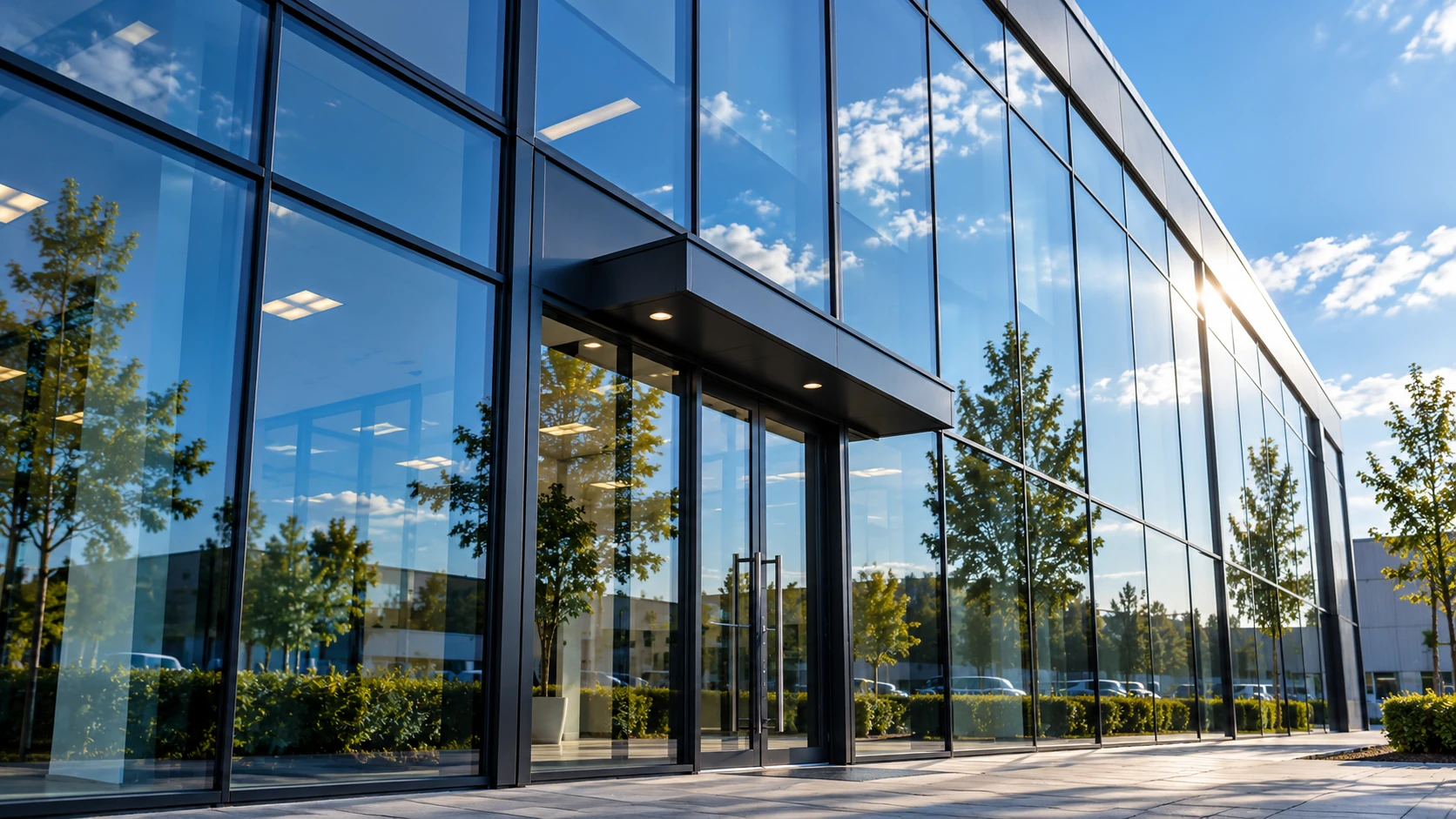 Ren glasfacade på en erhvervsbygning
