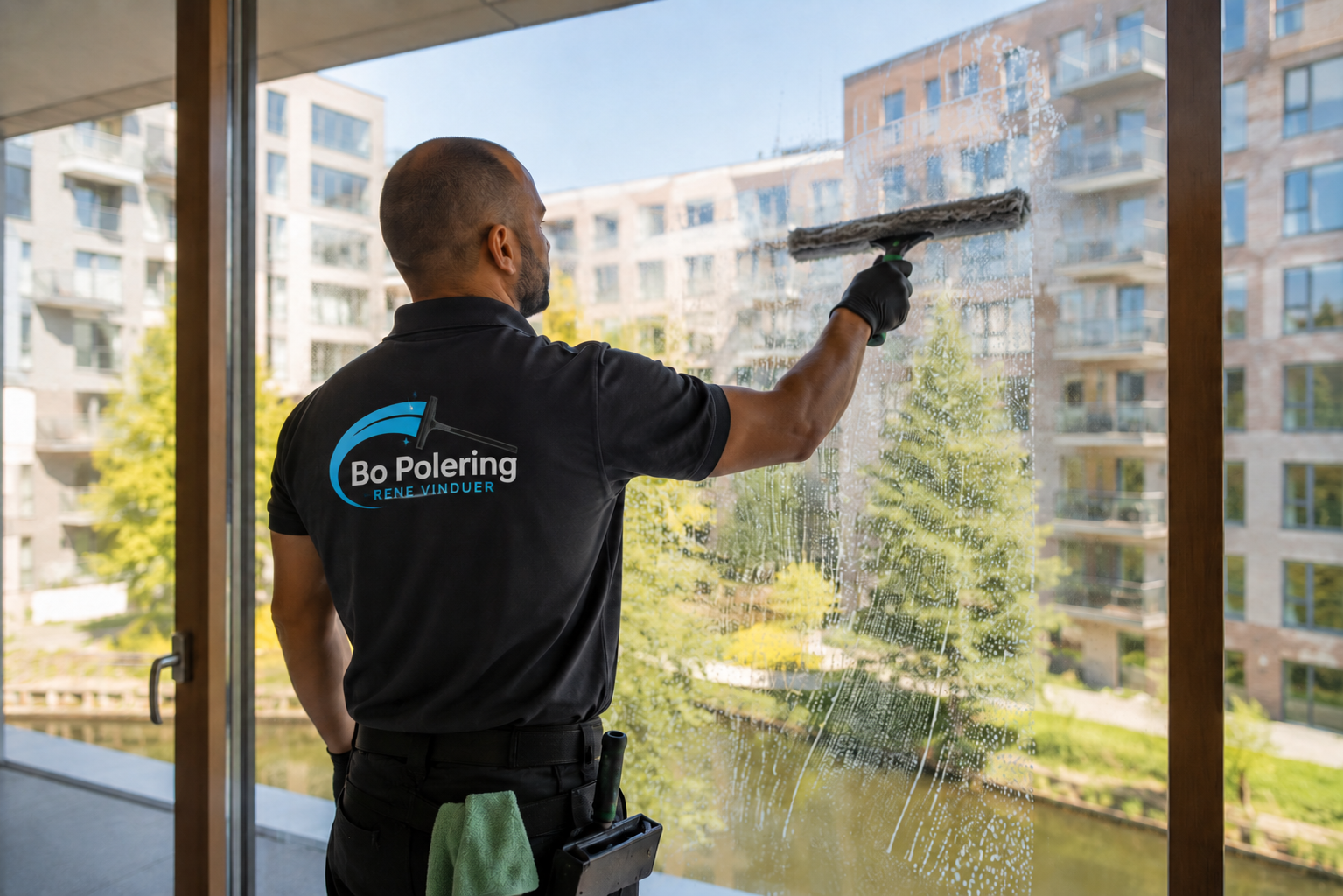 Bo Polering udfører professionel vinduespudsning ved en opgave i Valby