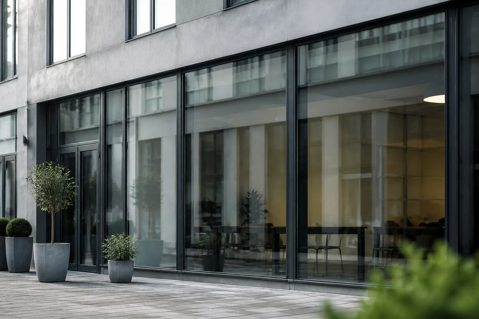 Moderne erhvervsfacade med store glaspartier
